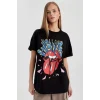 Defacto C3771 Siyah Rolling Stones Oversize Geniş Kalıp Bisiklet Yaka Kısa Kollu Tişört