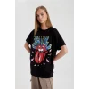 Defacto C3771 Siyah Rolling Stones Oversize Geniş Kalıp Bisiklet Yaka Kısa Kollu Tişört