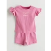 LCW baby Pembe Bisiklet Yaka Kız Bebek Şortlu Pijama Takımı