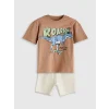 LCW Kids Kahverengi Dinozor Baskılı Erkek Çocuk Tişört ve Şort 2li