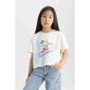 Defacto C4840 Ekru Kız Çocuk Snoopy Bisiklet Yaka Kısa Kollu Tişört