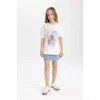 Defacto C0146 Ekru Kız Çocuk Scooby Doo Oversize Geniş Kalıp Bisiklet Yaka Kısa Kollu Tişört