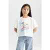 Defacto C4840 Ekru Kız Çocuk Snoopy Bisiklet Yaka Kısa Kollu Tişört
