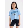 Defacto C4823 Mavi Kız Çocuk Looney Tunes Bisiklet Yaka Kısa Kollu Crop Tişört