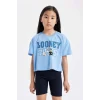 Defacto C4823 Mavi Kız Çocuk Looney Tunes Bisiklet Yaka Kısa Kollu Crop Tişört