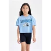 Defacto C4823 Mavi Kız Çocuk Looney Tunes Bisiklet Yaka Kısa Kollu Crop Tişört