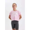 Defacto D2955 Pembe Kız Çocuk 2li Takım Baskılı Kısa Kollu Tişört Tayt