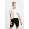 Defacto D0071 Beyaz Kız Çocuk 2li Takım Baskılı Kısa Kollu Tişört Üst Kısa Biker Tayt Alt