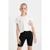 Defacto D0071 Beyaz Kız Çocuk 2li Takım Baskılı Kısa Kollu Tişört Üst Kısa Biker Tayt Alt