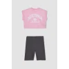 Defacto D2955 Pembe Kız Çocuk 2li Takım Baskılı Kısa Kollu Tişört Tayt
