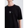 Defacto E3277 Siyah %100 Pamuk Vikings Valhalla Boxy Fit Bisiklet Yaka Sırt Baskılı Kısa Kollu Tişört