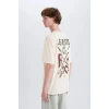 Defacto E3278 Ekru %100 Pamuk Vikings Valhalla Boxy Fit Bisiklet Yaka Sırt Baskılı Kısa Kollu Tişört