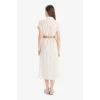 Defacto E8341 Ekru Gömlek Yaka Keten Karışımlı Kemerli Kısa Kollu Midi Elbise