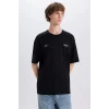 Defacto E4545 Siyah %100 Pamuk Boxy Fit Bisiklet Yaka Sırt Baskılı Kısa Kollu Tişört