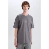 Defacto E4541 Gri %100 Pamuk Boxy Fit Bisiklet Yaka Sırt Baskılı Kısa Kollu Tişört