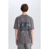 Defacto E4541 Gri %100 Pamuk Boxy Fit Bisiklet Yaka Sırt Baskılı Kısa Kollu Tişört