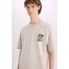 Defacto E4546 Bej %100 Pamuk Boxy Fit Bisiklet Yaka Sırt Baskılı Kısa Kollu Tişört