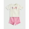 LCW baby Bej Bisiklet Yaka Çiçekli Kız Bebek Bluz ve Şort 2li