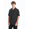 XSIDE Siyah Regular Fit Kısa Kollu Çizgili Viskon Erkek Gömlek