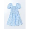 LCW Kids Mavi Kare Yaka Çiçekli Kız Çocuk Elbise