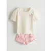 LCW baby Bej Baskılı Kız Bebek Tişört ve Çizgili Şort 2li
