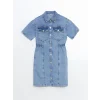 LCW Kids Mavi Kısa Kollu Kız Çocuk Jean Gömlek Elbise