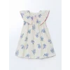 LCW Kids Ekru Çiçekli Büzgülü Kız Çocuk Keten Elbise