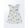 LCW Kids Ekru Çiçekli Büzgülü Kız Çocuk Keten Elbise