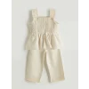 LCW Kids Bej Keten Görünümlü Kız Çocuk Bluz ve Pantolon 2li