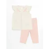 LCW baby Ekru Nakışlı Kolu Fırfırlı Kız Bebek Bluz ve Şort 2li
