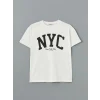 XSIDE Ekru Bisiklet Yaka New York Baskılı Kadın Tişört