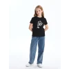 LCW Kids Siyah Bisiklet Yaka Çiçekli Kız Çocuk Tişört