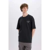 Defacto E4544 Antrasit %100 Pamuk Boxy Fit Bisiklet Yaka Sırt Baskılı Kısa Kollu Tişört