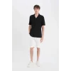 Defacto C4125 Siyah Modern Fit Polo Yaka Dokulu Penye Kısa Kollu Siyah Gömlek