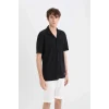 Defacto C4125 Siyah Modern Fit Polo Yaka Dokulu Penye Kısa Kollu Siyah Gömlek