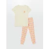 LCW DREAM Ekru Bisiklet Yaka Baskılı Kısa Kollu Kadın Pijama Takımı