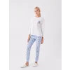 LCW Young Mavi Bisiklet Yaka Baskılı Uzun Kollu Kadın Pijama Takımı