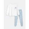 LCW Young Mavi Bisiklet Yaka Baskılı Uzun Kollu Kadın Pijama Takımı
