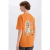 Defacto E3262 Turuncu %100 Pamuk Tom & Jerry Boxy Fit Bisiklet Yaka Sırt Baskılı Kısa Kollu Tişört