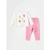 LCW baby Ekru Bisiklet Yaka Çiçekli Kız Çocuk Bluz ve Tayt 2li