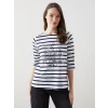 LCW Grace Lacivert Bisiklet Yaka Çizgili Kadın Tişört