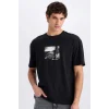 Defacto E1723 Siyah %100 Pamuk Boxy Fit Bisiklet Yaka Baskılı Kısa Kollu Tişört