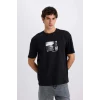 Defacto E1723 Siyah %100 Pamuk Boxy Fit Bisiklet Yaka Baskılı Kısa Kollu Tişört