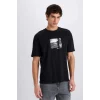 Defacto E1723 Siyah %100 Pamuk Boxy Fit Bisiklet Yaka Baskılı Kısa Kollu Tişört