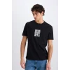 Defacto E0581 Siyah %100 Pamuk Regular Fit Bisiklet Yaka Baskılı Kısa Kollu Tişört
