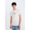 Defacto D9356 Ekru %100 Pamuk Slim Fit Dar Kesim Bisiklet Yaka Baskılı Kısa Kollu Tişört