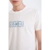 Defacto D9356 Ekru %100 Pamuk Slim Fit Dar Kesim Bisiklet Yaka Baskılı Kısa Kollu Tişört