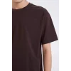 Defacto D6070 Kahve %100 Pamuk Boxy Fit Bisiklet Yaka Basic Düz Kısa Kollu Tişört