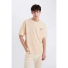 Defacto D8594 Bej %100 Pamuk Oversize Geniş Kalıp Bisiklet Yaka Baskılı Kısa Kollu Tişört