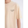 Defacto D8594 Bej %100 Pamuk Oversize Geniş Kalıp Bisiklet Yaka Baskılı Kısa Kollu Tişört